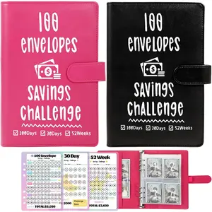 2 Pack 100 Envelopes Money Saving Challenge, Cash Budget Planner A5 Binder, Savings Challenges Book Organizer Folder, with 3 Tracker to Save $5,050 and $2,600, $300, 100 Pre-numbered Pockets, Black & Red