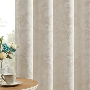 Beige Floral Jacquard Blackout Curtains 84 Inches Long 2 Panels For Bedroom,Living Room Taupe Flower Chenille Room Darkening Thermal Insulated Soundproof Grommet Window Treatments Drapes 52x84