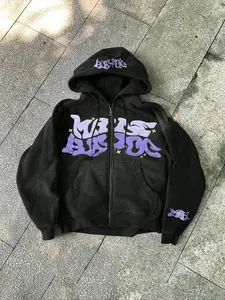 TikTok Viral Purple Graffiti Graphic Zip-Up Hoodie Soft Cotton Cozy Home Loungewear Streetwear Fitted Fashion Sweatshirts Oversized Retro Edgy Y2K Aesthetic Outfit Comfortable Daily Wear Must-Have on TikTok