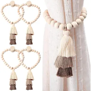 4 Pack Wooden Bead Tiebacks with 3 Tier Tassel Boho Tassel Holdbacks for Drapes Rusti c Farmhouse Decorative Holders for Bedroom Living Window Treatment