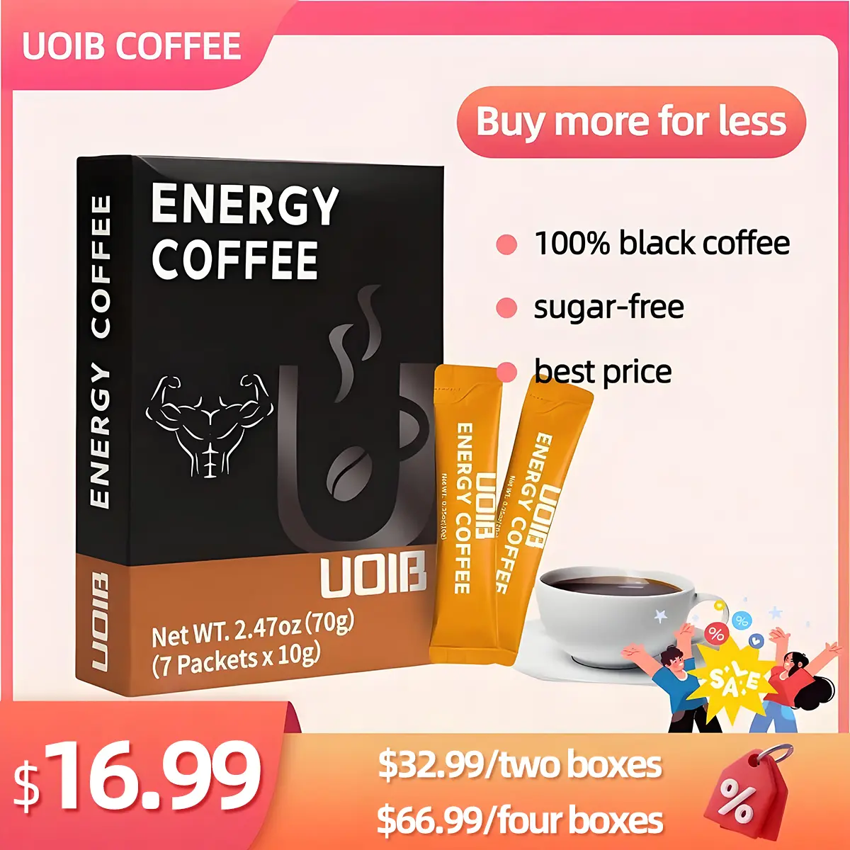 【$16.99】UOIB Energy Coffee - 1 Box/7 Packs - Natural Beverage for Men and Women, Enriched with Maca and 85 Trace Elements, Provides Energy, Rich Flavor, Instant