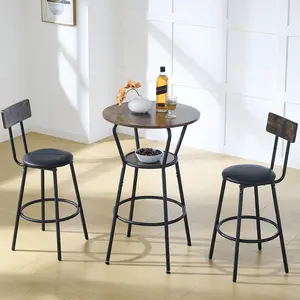 Round Bar Table and 2 Chairs Set, 3-Piece Bar Height Dining Set, Industrial Counter Height Two-Level Circle Dining Table Set for 2-4 Person, with Storage, for Small Kitchen, Bars, Breakfast, Dining Room, Coffee Shop
