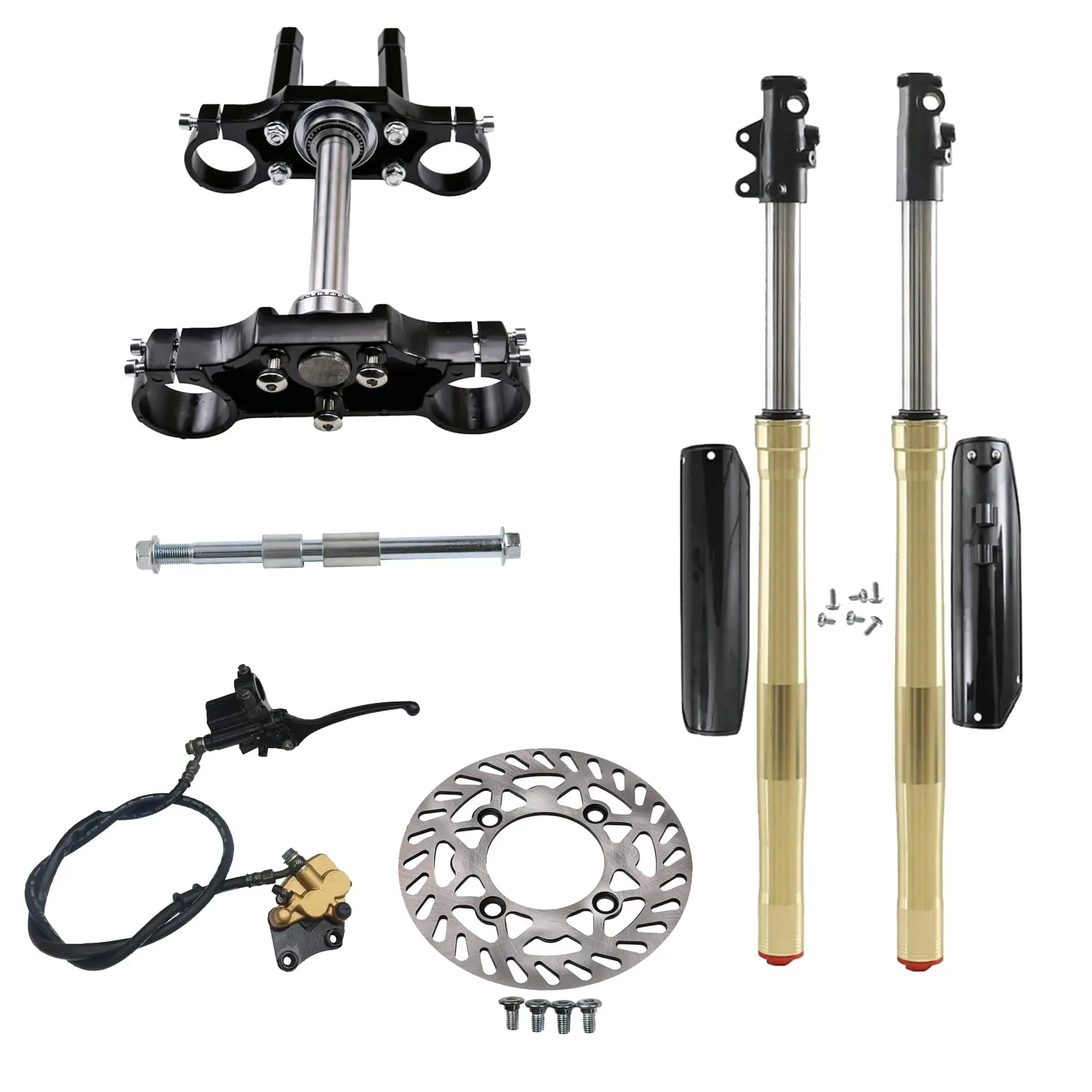 Upside Down 630mm Front Forks Shock Suspension Dirt Bike Kit, with Triple Tree Clamp, Brake Caliper, Brake Rotor and 12mm Axle for 50cc–125cc Dirt Pit Bike Offroad Motorcycle