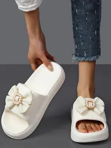 Women's Casual Home Slippers, One-Step Indoor Shoes, Trendy Design, Pearl Bow Flower, Multi-Color, Party, Outdoor, Beach, Office Wear