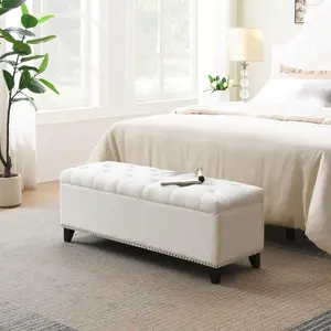 47.5" Storage Ottoman, Storage Bench with Safety Close Hinge, Linen Button-Tufted Ottoman for Living Room, Entryway, Hallway, Foot Rest, Support 500lbs