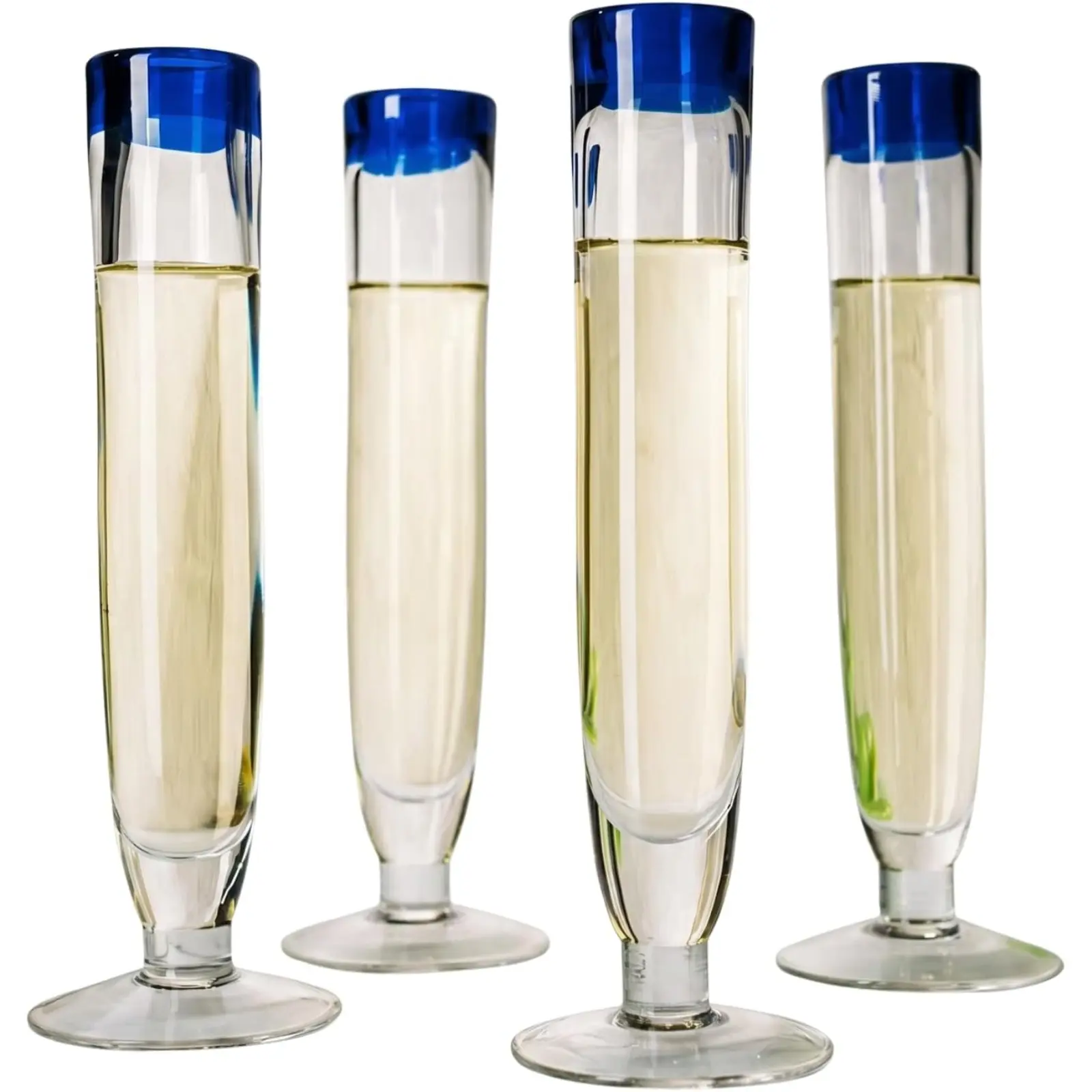 Tall Recycled Champagne Flutes - Set of 4 - Mexican Hand Blown Cobalt Blue Rim Flute – Luxury Mexican Thick Glassware 7oz, Juice & Cocktail Drinking Glass Holiday Celebration, Weddings, Anniversary