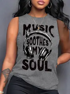 Women's Summer Casual Loose-Fitting Tank Top Vest, Soft Comfortable Home Wear with Headphone and Letter Print, Must-Have for Relaxing, Loose Sleeveless