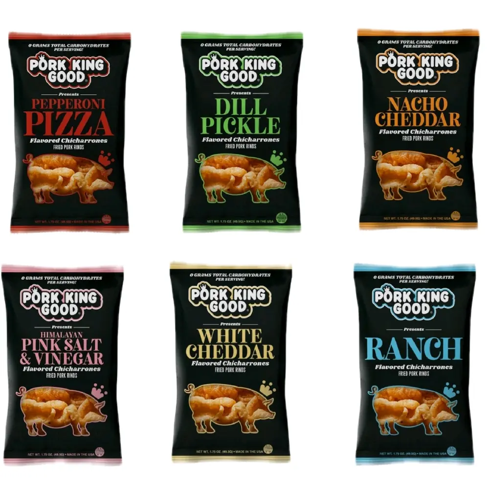 Pork King Good 4-Pack Crispy Snack Variety Pack - Pepperoni Pizza, Dill Pickles, Nacho Cheddar, Pink Salt & Vinegar, White Cheddar, Ranch Flavors