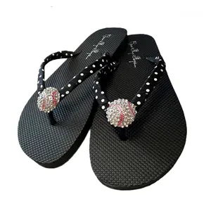 Cute Rhinestone Baseball Flip Flops for Women, Bling Sports Mom Sandals for Game Day at the Ballpark