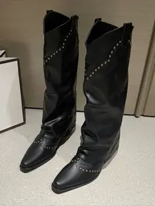 Women's Knee-High PU Leather Ankle Booties, Sexy Pointed Toe Design, Fashion Rivet Detailing, All-Season Comfortable Footwear, Western Ankle Boots