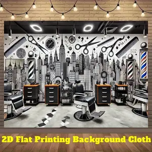 1pc Barber Shop Backdrop Picture - Black White Gray Monochrome Barber Decor with Scissors, Combs, Chairs - Durable Polyester Fabric Banner for Photo Studio, Party, Salon, Live Stream - Easy Hang Indoor/Outdoor Decoration No Electricity Needed, Barbershop
