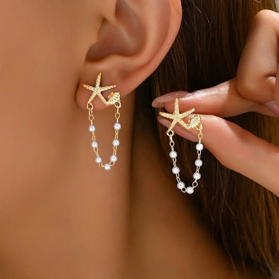 Women's Coastal Dangling Earrings with Seashell & Starfish Charms, Lightweight Faux Pearl Jewelry for a Beach Girl Aesthetic, Lightweight Earring, Artificial Pearl, Resort Wear, Earrings For Women