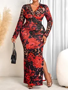 Aliling Elegant Leopard Rose Print Dress, Long Sleeve V-Neck Fitted Maxi Dress, Casual Wear Summer All-Season Women's Clothing, Fashionable Plus Size, Chic Womenswear