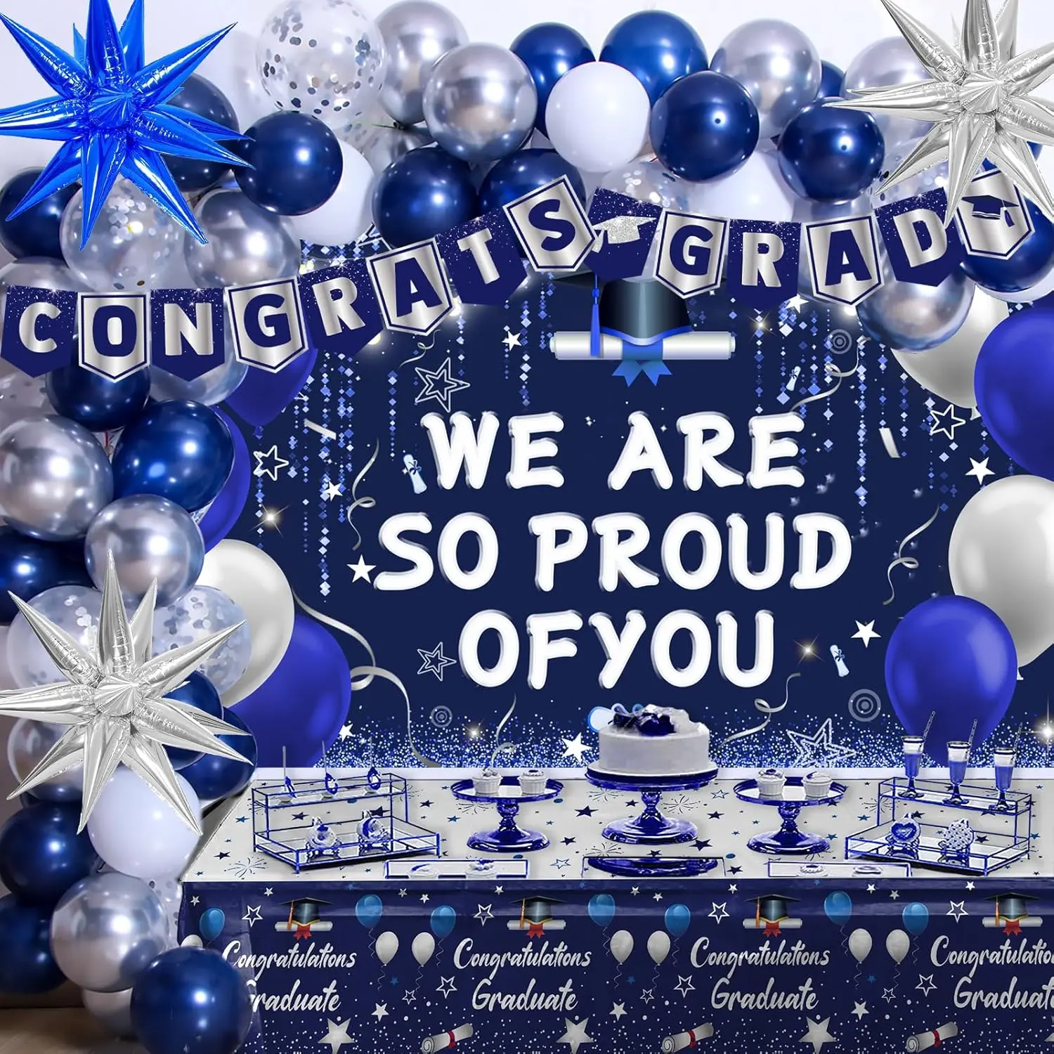 Blue Graduation Party Decorations 2026, Navy Blue We Are So Proud of You Decorations, Graduation Class of 2026 Decoration Congrats Grad Tablecloth, Balloons, Backdrop for 2026 College Grad Decor