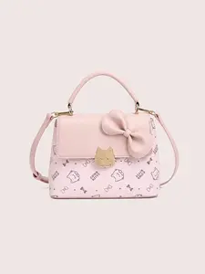 Cow&Kitty Kitty Print Pink Cute Kawaii Mini Crossbody Bag for Girls, PU Leather Small Shoulder Purse with Bow Decor, Top Handle and Magnetic Snap Closure, Adjustable Strap Aesthetic Handbag, Lightweight Fashion Bag for School, Travel, Shopping, Coffee Dat