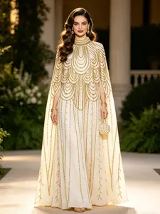 Luxurious Gold Sequin Embroidered Kaftan Dress, Long Sleeve, Elegant Muslim Robe, Perfect for Weddings, Eid, Formal Events