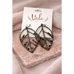 Dark Patina Leaf Wire & Bead Earrings – Hammered Finish