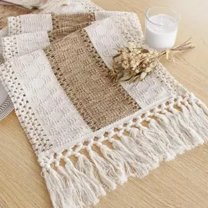 Bohemian Style Long Table Runner, Cream & Twisted Fabric, Fringe Design, Home Decor, Farmhouse Dining Room, Bedroom Use