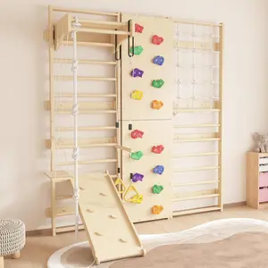 Swedish Ladder Wall Gym Set, Wooden Wall-Mounted Stall Bars for Exercise, Kids Gymnastic Wall Gym with Wall Ladder, Rock Wall, Double-Sided Slide, Swing, Rope, Rings