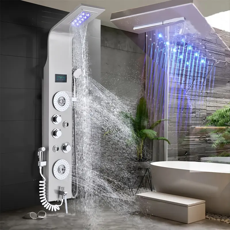 Stainless Steel LED Shower Panel Tower System Set - LED Display, Rainfall Waterfall Shower Head, 6-Mode Faucet, 2-Mode Massager Jets, Corrosion-Resistant Luxury Handheld Shower, Tub Spout, Brushed Nickel & Matte Black Finish for Home Indoor Bath, Sets