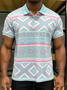 Men's stylish retro tropical geometric pattern printed short-sleeved shirt, top, made of polyester fabric, lightweight and breathable for sports and casual wear, Menswear