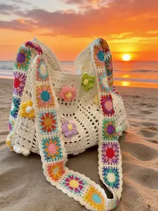 Beige Hollow Knit Flower Tote Bag, Handmade 3D Floral Crochet Shoulder Bag, Large Capacity Breathable Beach Bag for Vacation & Daily Use, Boho Aesthetic Handbag for Women