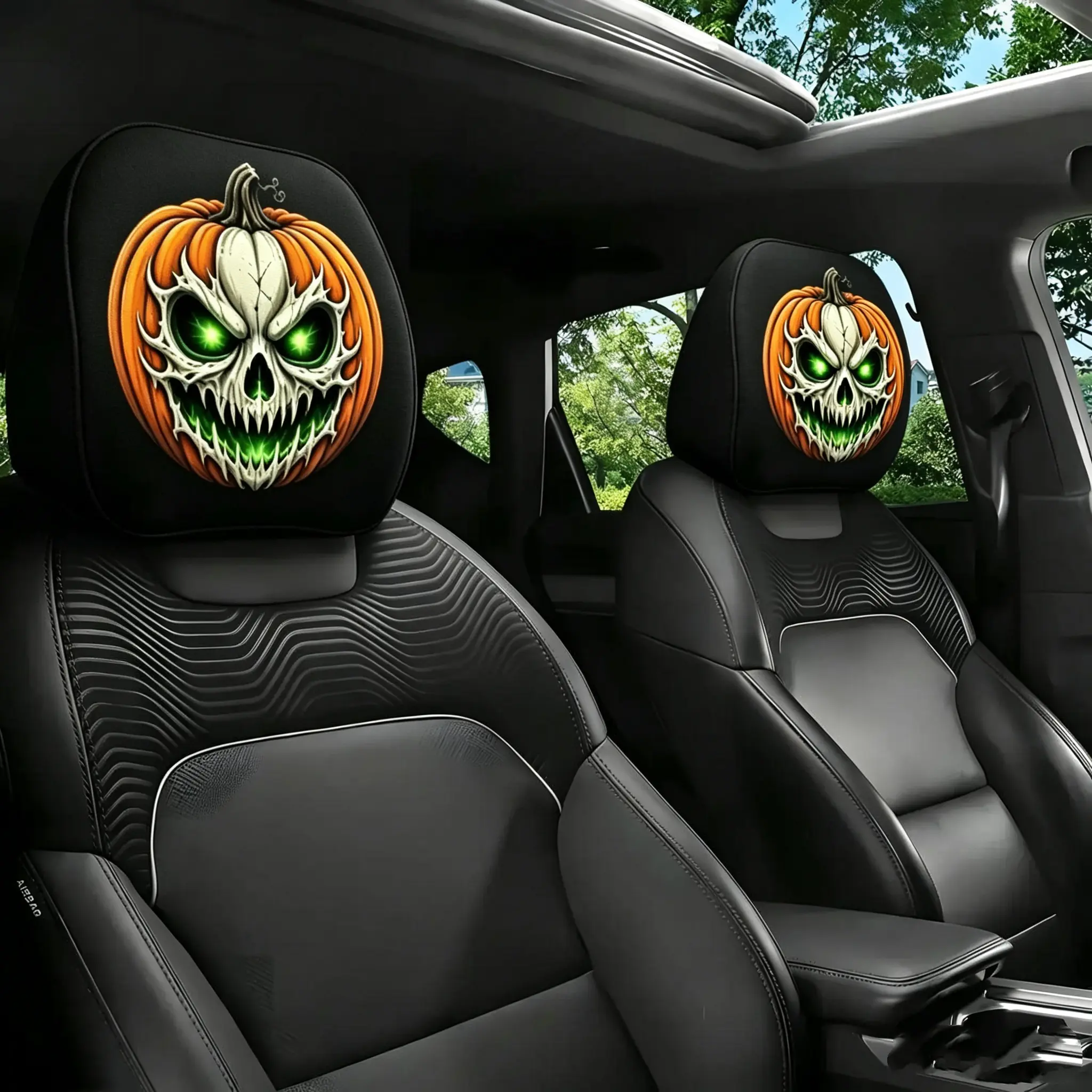 2-pack Universal Halloween Pumpkin Skull Car Headrest Covers – Spooky Green Pumpkin Lamp Pattern Protective Covers, Gothic Horror Style Interior Accessories for Most Cars, SUVs, and Trucks
