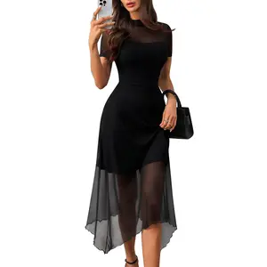 HYZ Women's Mock Neck Midi Dress Short Sleeve Bodycon Cocktail Party Dress with Asymmetrical Mesh Hem for Weddings & Date Nights