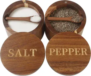 Timtopno Acacia Wood Salt & Pepper Set 2PCS with Engraved Lids Built-in Spoons 360° Swivel Lid for Countertop Seasoning Storage Elegant Kitchen Accessory