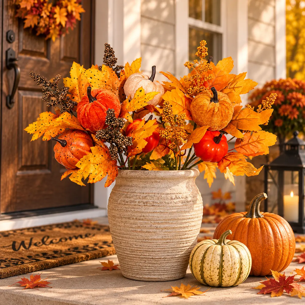 Artificial Pumpkin , 2-Pack, 11.8in Fall Floral Stems with Velvet Pumpkins, Maple Leaves & Berries for Thanksgiving Home decor lilies flowers outdoor planter