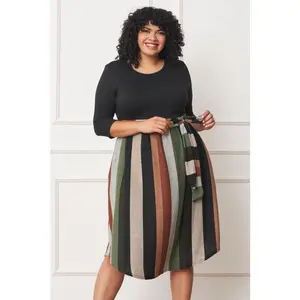 EG fashion Plus Quarter Sleeve, Stripe Sash Midi Dress
