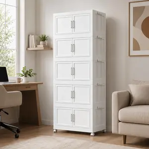 NAVICONVEX Extra Large Foldable Storage Cabinet 5 Tier Stackable Plastic Organizer with Doors & Wheels Heavy Duty Space Saving for Living Room Kitchen Bedroom Office Modern Floor *Mount