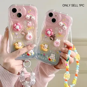 2026 New Cute 3D Wave Edge Phone Case with Rainbow Duck Bracelet for iPhone 17 Pro Max 17 16 Pro Max 16 15 Pro Max 15 14 Pro Max 14 13 Pro Max 13, Spring Summer Style Soft Shockproof Anti-Drop Protective Cover