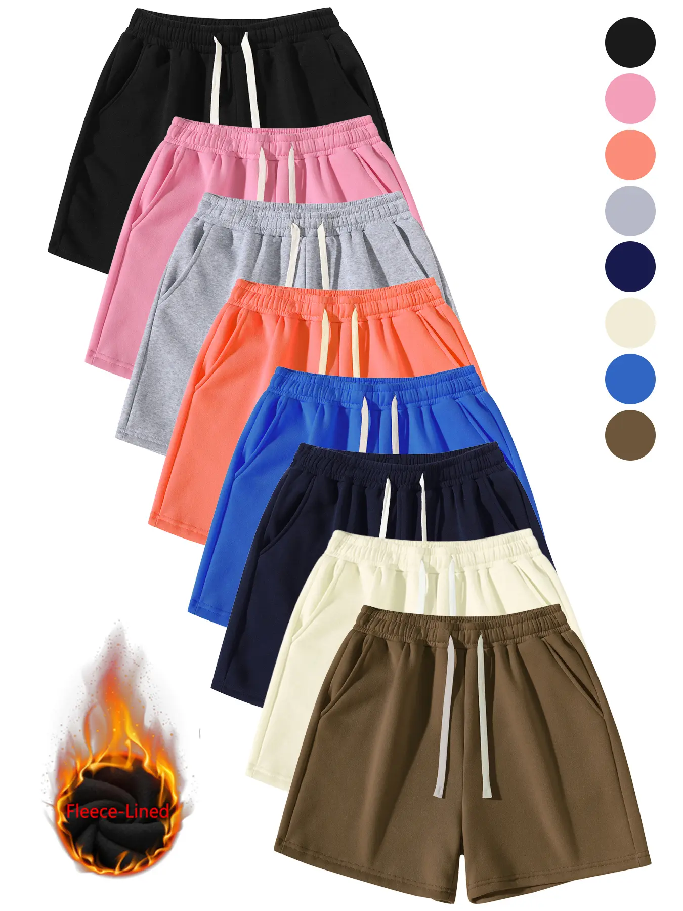 Men's Fleece-Lined Pre-Sized Athletic Sweat Shorts - Unisex Compatible, 8-Color Simple Print, Elastic Waist, Warm Streetwear Clothing, All-Season Bottoms, Activewear