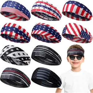L-HDW065 10 Pieces Boys Headbands Athletic Sweatbands Wicking Headbands Kids Sports 16 Inch Elastic American Flag Hair Band for Youth Players Hair Accessories Head Wrap for Baseball Soccer Basketball