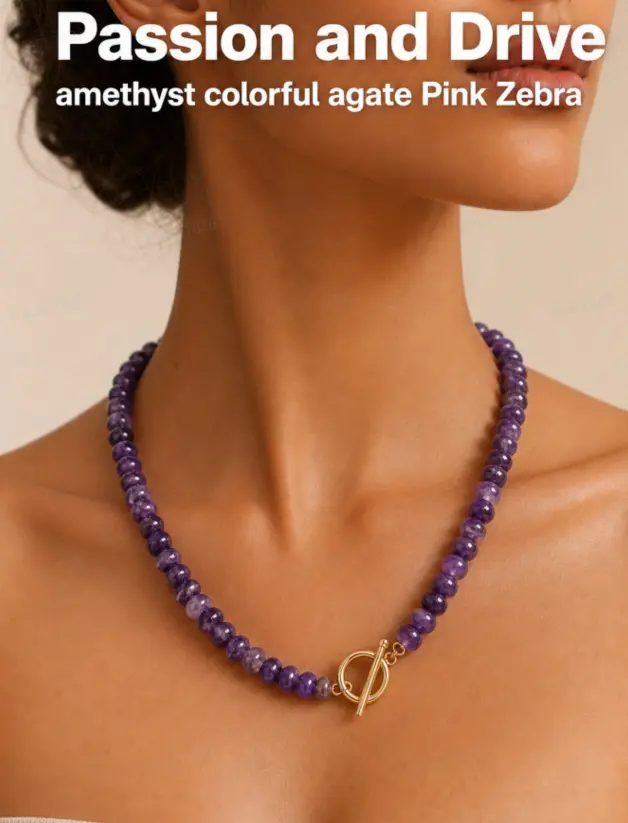 Niche Rainbow Crystal Beaded Necklace - Trendy Amethyst & Pink Zebra Stone Choker for Passion, Drive & Dopamine Summer Styling