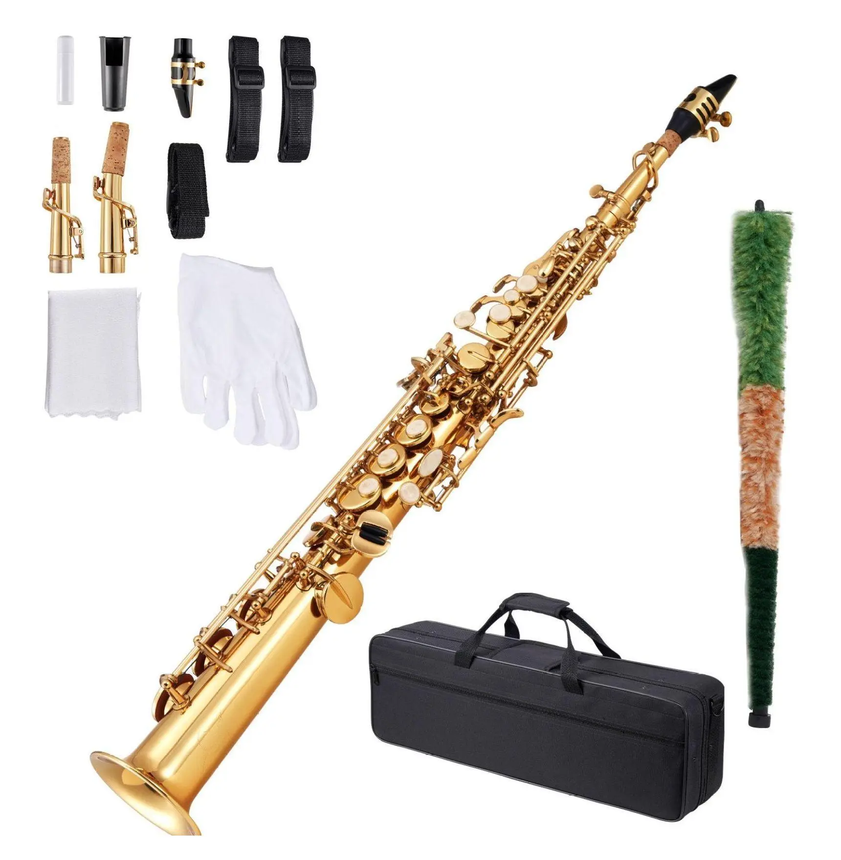 Soprano Saxophone B Flat, 23 Keys Beginner Kit - Brass Saxophone with Case, Mouthpiece, Cleaning Kit & Accessories - for Students & Musicians, Gold Default