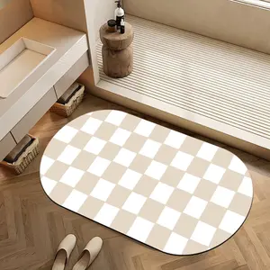 Retro Beige & White Checkered Absorbent Diatomaceous Earth Oval Bath Mat Non Slip Rubber Backed Fast Dry Shower Mat Thin Bathroom Rugs Floor Mat