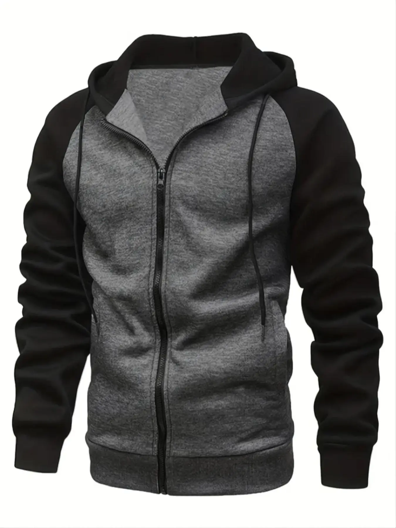 Unisex Men's Colorblock Drawstring Hoodie, Casual Loose Zip Up Raglan Sleeve Hooded Sweatshirt, Men Fall & Winter Outerwear, Men's Clothing, Menswear