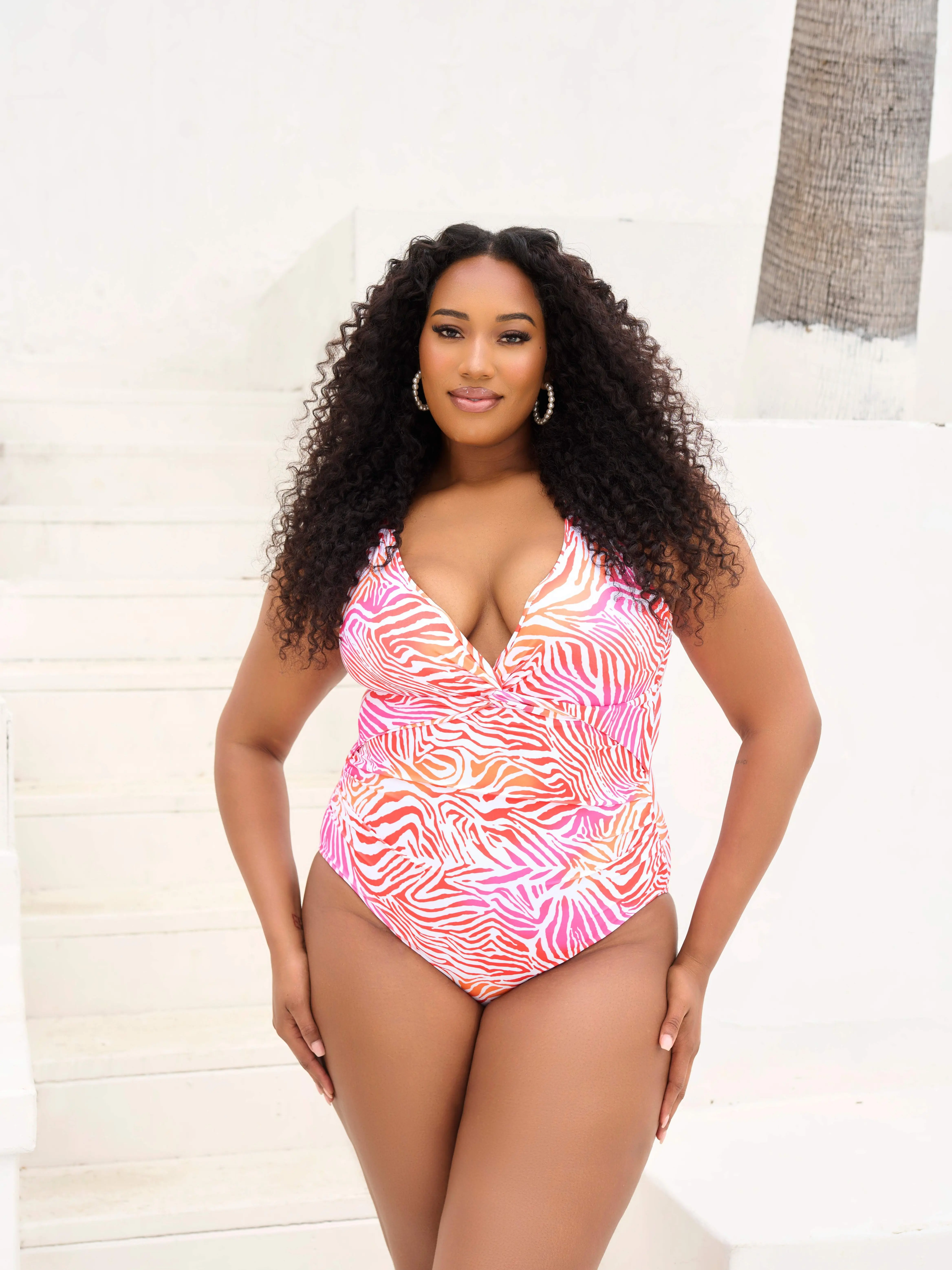 Curvy Fox Plus Size Swimwear Ruched One Piece Printed Swimsuit Twist Front