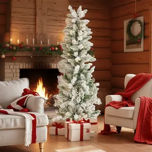 Space Saving Slim Pencil Christmas Tree, Pre-Lit with Warm White LEDs & 8 Modes, 4.5-9ft Artificial Tree for Small Spaces, Easy Setup Hinged Design