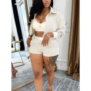 Women’s striped print button-up long-sleeve shirt and shorts; casual slim-fit collared top and shorts; summer daily wear set; spring–summer women’s two-piece set; suit; casual fashion set; women’s clothing