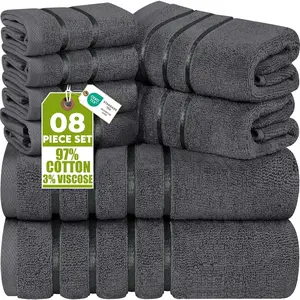 8-Piece Luxury Towel Set, 2 Bath Towels, 2 Hand Towels, and 4 Wash Cloths, 600 GSM Ring Spun Cotton Highly Absorbent Viscose Stripe Towels Ideal for Everyday use (Grey)