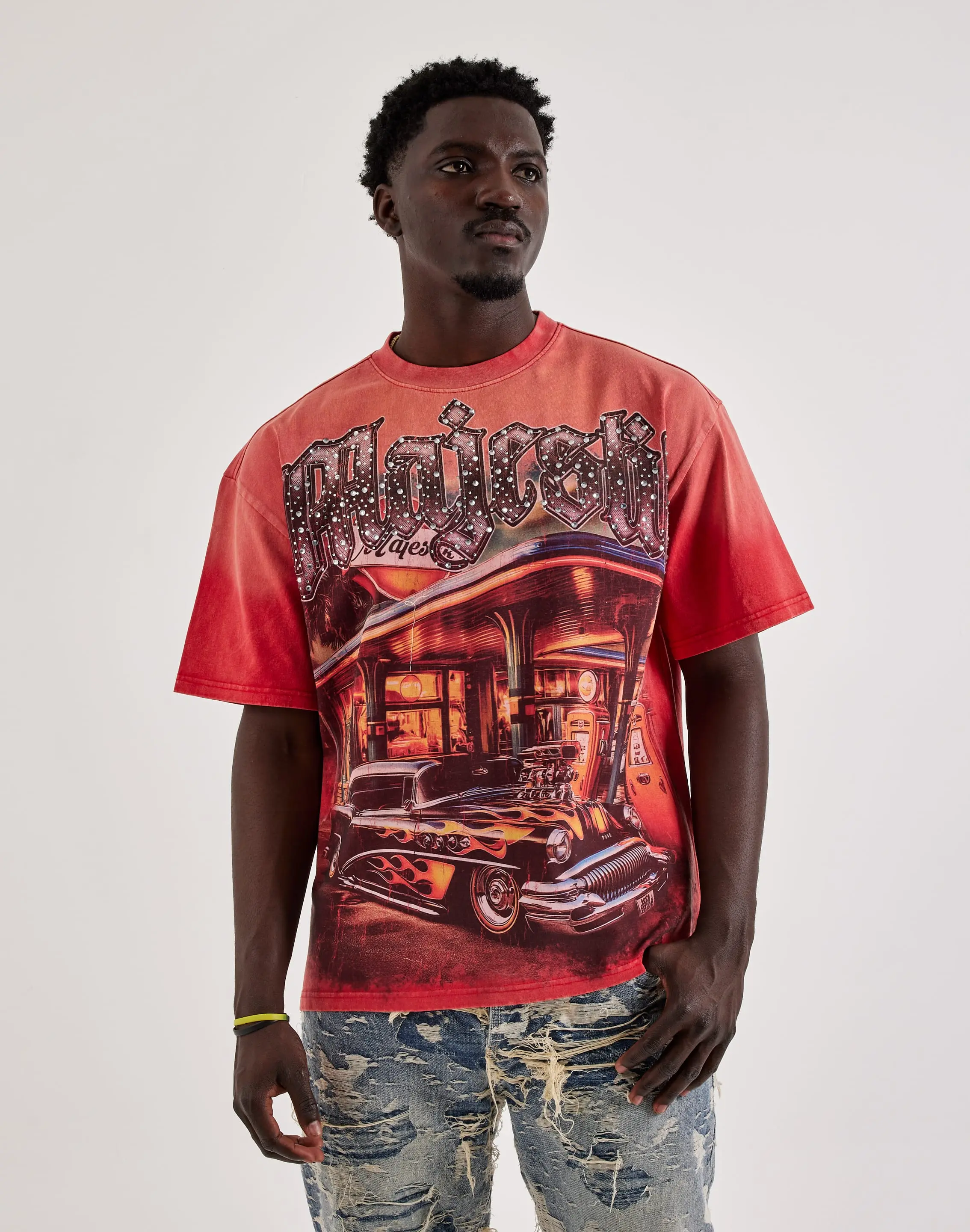 Mens Majestik Old School Flame Rhinestone Tee Mens Majestik Old School Flame Rhinestone Tee