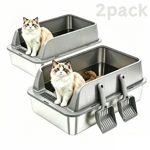 petwhole 2-Pack Stainless Steel Enclosed Litter Box, 23" L x 15" W x 8" H XL Litter Tray for Large Cats with High Sides, Includes Easy-to-Clean Scoop (Dark Grey), Stainless Steel Litter Box