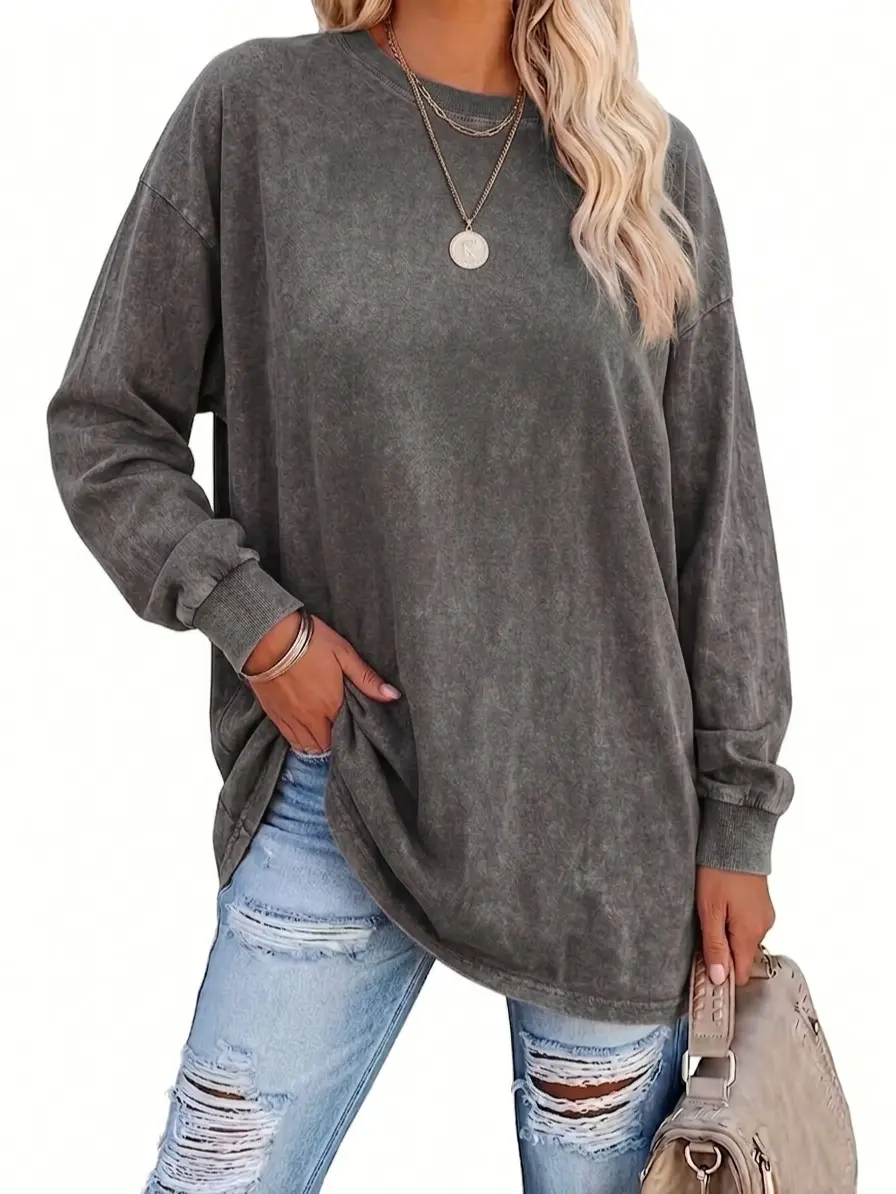 Women's Long Sleeve T-Shirt, Vintage Washed Drop Shoulder Pullover Top, Relaxed Fit Crew Neck Casual Base Layer