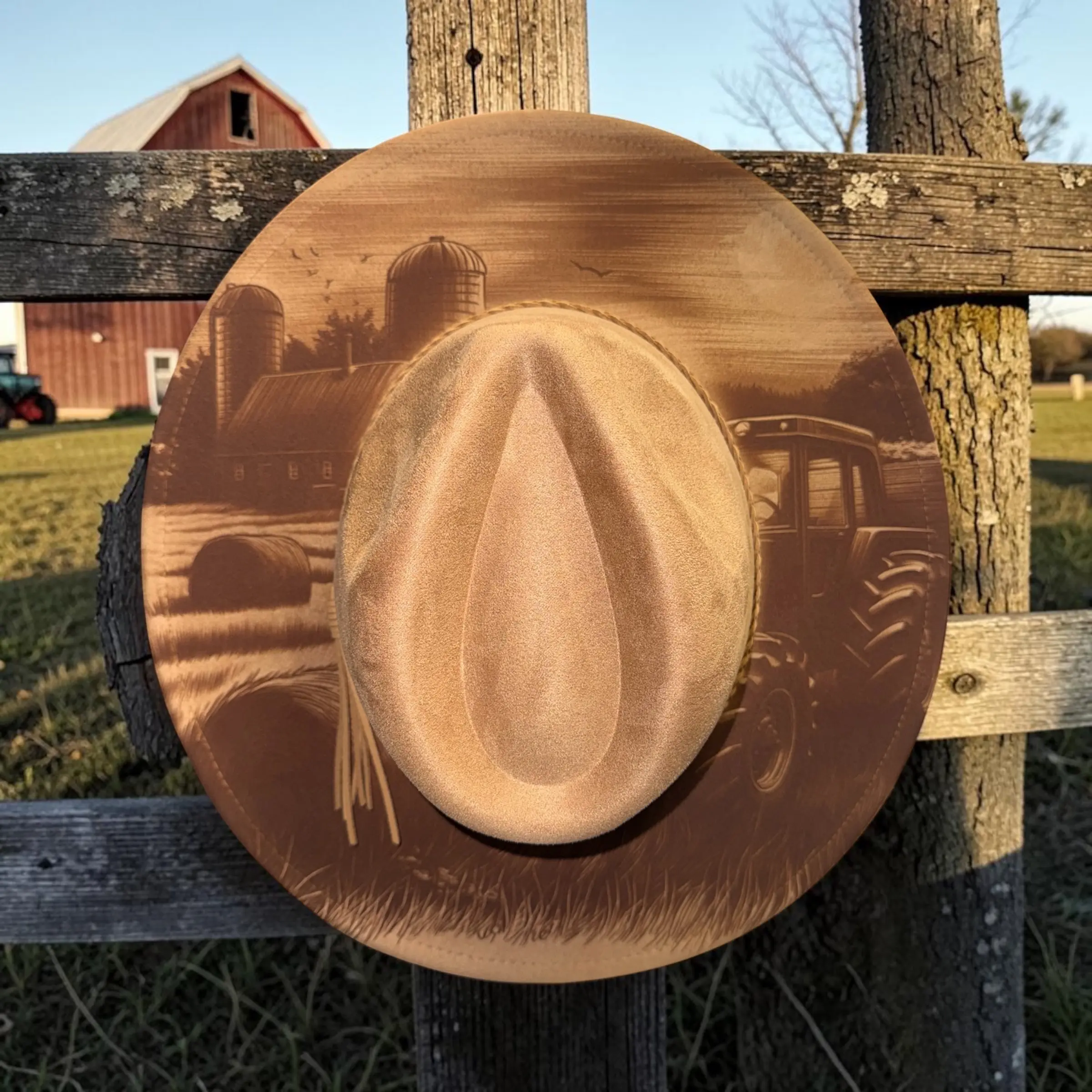 Engraved Cowboy Hat with Tractor & Barn Scene | Farm Life Western Hat | Rustic Country Cowgirl Hat | Adjustable Fit