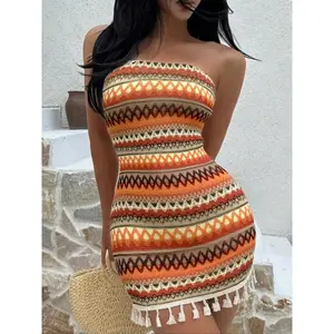 Women's Strapless Vacation Dress with Waistband Hem Patchwork Design, Sexy Slim-Fitting Ethnic Pattern, Perfect for Summer Holidays