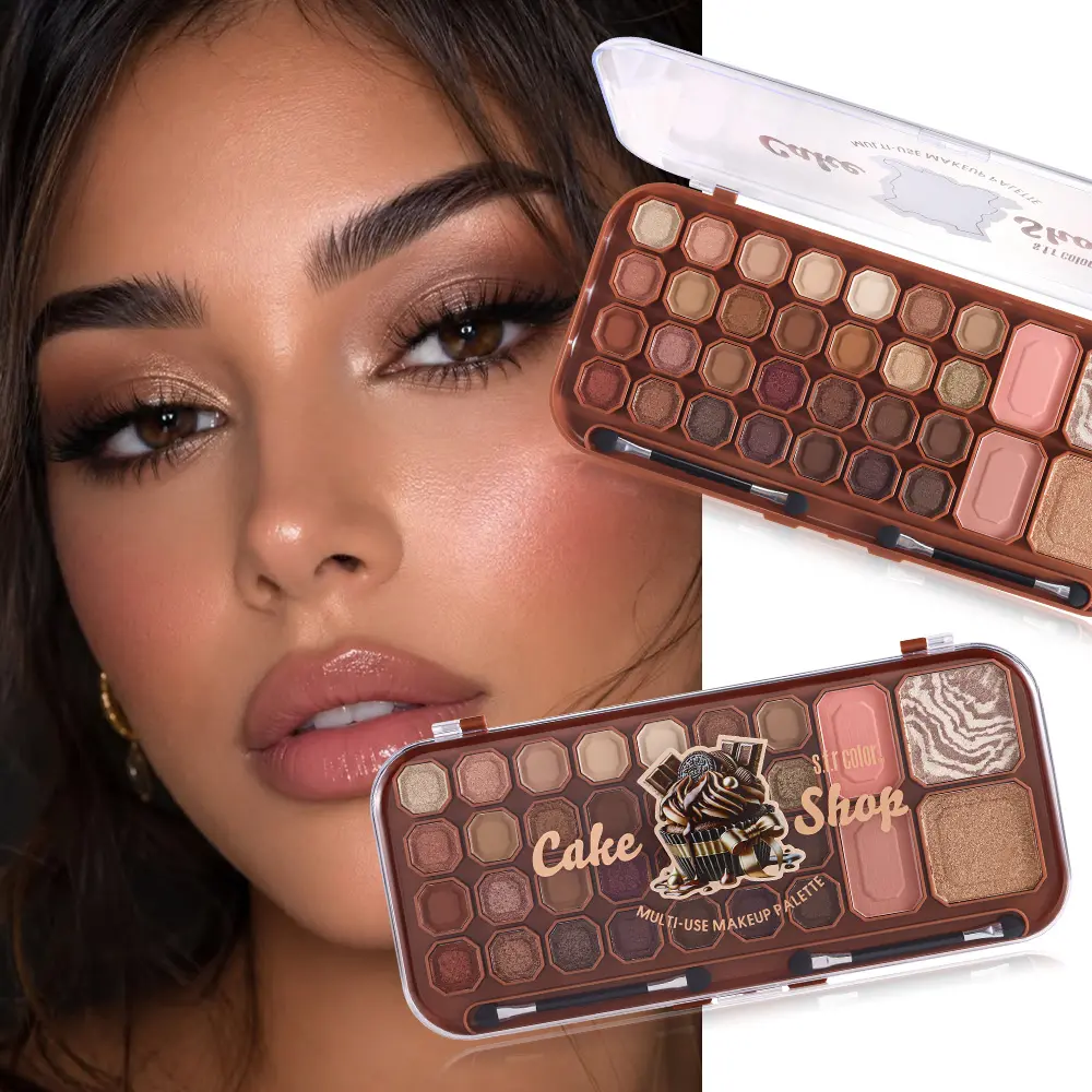 S.F.R COLOR 32-Color All-In-1 Makeup Palette - Cake Shop Inspired, Eyeshadow, Blush, Highlighter, Matte Shimmer Neutral Brown, 2 Makeup Brushes, Beginner-Friendly Smooth Powder Metallic Cosmetic Gift eyeshadow palette Vibrant  Smokey Eyeshadow Palette