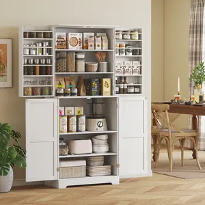 72" Tall Farmhouse Kitchen Pantry Cabinet – Classic White Pantry with 4 Sliding Barn Doors, Featuring 4 Adjustable Interior Shelves & 8 Door Shelves – Spacious Freestanding Food Storage Organizer for Dry Goods, Canned Foods & Small Appliances